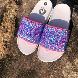 Custom Made White Pink and Neon Green Nike Slides